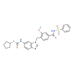 ChemSpider 2D Image | Cyclopentyl (1-{2-methoxy-4-[(phenylsulfonyl)carbamoyl]benzyl}-1H-benzimidazol-6-yl)carbamate | C28H28N4O6S