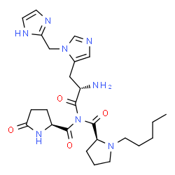 ChemSpider 2D Image | 3-(1H-Imidazol-2-ylmethyl)-N-{[(2S)-5-oxo-2-pyrrolidinyl]carbonyl}-N-{[(2S)-1-pentyl-2-pyrrolidinyl]carbonyl}-L-histidinamide | C25H36N8O4