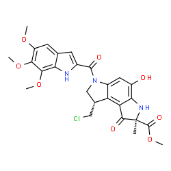 ChemSpider 2D Image | Methyl (2R,8S)-8-(chloromethyl)-4-hydroxy-2-methyl-1-oxo-6-[(5,6,7-trimethoxy-1H-indol-2-yl)carbonyl]-1,2,3,6,7,8-hexahydropyrrolo[3,2-e]indole-2-carboxylate | C26H26ClN3O8