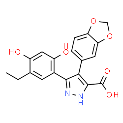 ChemSpider 2D Image | 4-(1,3-Benzodioxol-5-yl)-3-(5-ethyl-2,4-dihydroxyphenyl)-1H-pyrazole-5-carboxylic acid | C19H16N2O6
