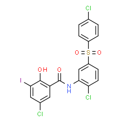 ChemSpider 2D Image | 5-Chloro-N-{2-chloro-5-[(4-chlorophenyl)sulfonyl]phenyl}-2-hydroxy-3-iodobenzamide | C19H11Cl3INO4S