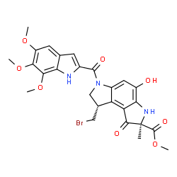 ChemSpider 2D Image | Methyl (2R,8S)-8-(bromomethyl)-4-hydroxy-2-methyl-1-oxo-6-[(5,6,7-trimethoxy-1H-indol-2-yl)carbonyl]-1,2,3,6,7,8-hexahydropyrrolo[3,2-e]indole-2-carboxylate | C26H26BrN3O8