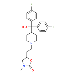 ChemSpider 2D Image | 5-(2-{4-[Bis(4-fluorophenyl)(hydroxy)methyl]-1-piperidinyl}ethyl)-3-methyl-1,3-oxazolidin-2-one | C24H28F2N2O3