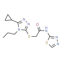 ChemSpider 2D Image | 2-[(5-Cyclopropyl-4-propyl-4H-1,2,4-triazol-3-yl)sulfanyl]-N-(1,3,4-thiadiazol-2-yl)acetamide | C12H16N6OS2