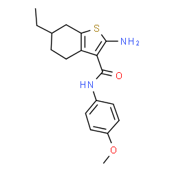 ChemSpider 2D Image | 2-Amino-6-ethyl-N-(4-methoxyphenyl)-4,5,6,7-tetrahydro-1-benzothiophene-3-carboxamide | C18H22N2O2S