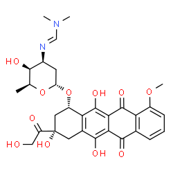 ChemSpider 2D Image | (1S,3S)-3-Glycoloyl-3,5,12-trihydroxy-10-methoxy-6,11-dioxo-1,2,3,4,6,11-hexahydro-1-tetracenyl 2,3,6-trideoxy-3-{(E)-[(dimethylamino)methylene]amino}-alpha-L-lyxo-hexopyranoside | C30H34N2O11