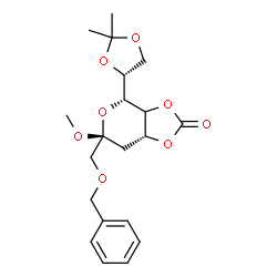 ChemSpider 2D Image | Methyl (5xi,6R)-1-O-benzyl-3-deoxy-6-[(4R)-2,2-dimethyl-1,3-dioxolan-4-yl]-4,5-O-(oxomethylene)-beta-L-glycero-hex-2-ulopyranoside | C20H26O8