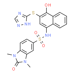 ChemSpider 2D Image | N-[4-Hydroxy-3-(1H-1,2,4-triazol-3-ylsulfanyl)-1-naphthyl]-1,3-dimethyl-2-oxo-2,3-dihydro-1H-benzimidazole-5-sulfonamide | C21H18N6O4S2