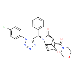 ChemSpider 2D Image | 3-{[1-(4-Chlorophenyl)-1H-tetrazol-5-yl](phenyl)methyl}-6-(4-morpholinylcarbonyl)-10-oxa-3-azatricyclo[5.2.1.0~1,5~]dec-8-en-4-one | C27H25ClN6O4