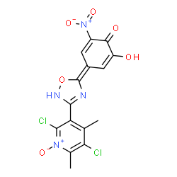 ChemSpider 2D Image | (4E)-4-[3-(2,5-Dichloro-4,6-dimethyl-1-oxido-3-pyridinyl)-1,2,4-oxadiazol-5(2H)-ylidene]-2-hydroxy-6-nitro-2,5-cyclohexadien-1-one | C15H10Cl2N4O6