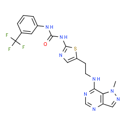 ChemSpider 2D Image | 1-(5-{2-[(1-Methyl-1H-pyrazolo[4,3-d]pyrimidin-7-yl)amino]ethyl}-1,3-thiazol-2-yl)-3-[3-(trifluoromethyl)phenyl]urea | C19H17F3N8OS