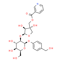 ChemSpider 2D Image | 4-(Hydroxymethyl)phenyl 2-O-[(2S,3S,4S)-3,4-dihydroxy-4-{[(3-pyridinylcarbonyl)oxy]methyl}tetrahydro-2-furanyl]-beta-L-idopyranoside | C24H29NO12