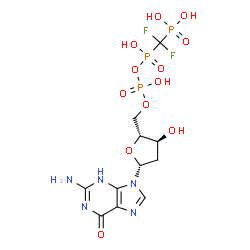 ChemSpider 2D Image | 2'-Deoxy-5'-O-[({[difluoro(phosphono)methyl](hydroxy)phosphoryl}oxy)(hydroxy)phosphoryl]guanosine | C11H16F2N5O12P3