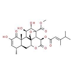 ChemSpider 2D Image | Methyl (11beta,12alpha,15beta)-15-{[(2E)-3,4-dimethyl-2-pentenoyl]oxy}-2,11,12-trihydroxy-1,16-dioxo-13,20-epoxypicras-2-en-21-oate | C28H36O11