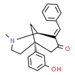 ChemSpider 2D Image | (1S,5R,8E)-8-Benzylidene-5-(3-hydroxyphenyl)-2-methyl-2-azabicyclo[3.3.1]nonan-7-one | C22H23NO2