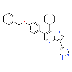 ChemSpider 2D Image | 6-[4-(Benzyloxy)phenyl]-7-(tetrahydro-2H-thiopyran-4-yl)-3-(2H-tetrazol-5-yl)pyrazolo[1,5-a]pyrimidine | C25H23N7OS