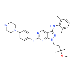 ChemSpider 2D Image | N~3~-(2,6-dimethylphenyl)-1-(3-methoxy-3-methylbutyl)-N~6~-(4-piperazin-1-ylphenyl)-1H-pyrazolo[3,4-D]pyrimidine-3,6-diamine | C29H38N8O