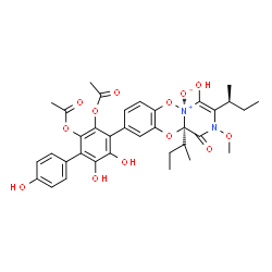 ChemSpider 2D Image | 4-{(5S,11aR)-3,11a-Di[(2S)-2-butanyl]-4-hydroxy-2-methoxy-5-oxido-1-oxo-1,11a-dihydro-2H-pyrazino[1,2-b][1,4,2]benzodioxazin-9-yl}-4',5,6-trihydroxy-2,3-biphenyldiyl diacetate | C35H38N2O13