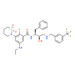 ChemSpider 2D Image | 3-(1,1-Dioxido-1,2-thiazinan-2-yl)-5-(ethylamino)-2-fluoro-N-[(2S,3R)-3-hydroxy-1-phenyl-4-{[3-(trifluoromethyl)benzyl]amino}-2-butanyl]benzamide | C31H36F4N4O4S