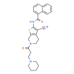 ChemSpider 2D Image | N-{3-Cyano-6-[3-(1-piperidinyl)propanoyl]-4,5,6,7-tetrahydrothieno[2,3-c]pyridin-2-yl}-1-naphthamide | C27H28N4O2S