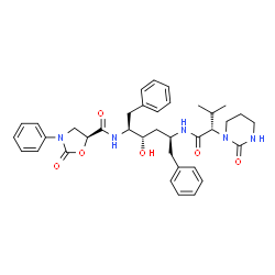 ChemSpider 2D Image | (5S)-N-[(2S,3S,5S)-3-Hydroxy-5-{[(2S)-3-methyl-2-(2-oxotetrahydro-1(2H)-pyrimidinyl)butanoyl]amino}-1,6-diphenyl-2-hexanyl]-2-oxo-3-phenyl-1,3-oxazolidine-5-carboxamide | C37H45N5O6