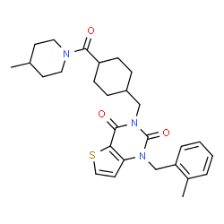 ChemSpider 2D Image | 1-(2-Methylbenzyl)-3-({4-[(4-methyl-1-piperidinyl)carbonyl]cyclohexyl}methyl)thieno[3,2-d]pyrimidine-2,4(1H,3H)-dione | C28H35N3O3S
