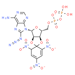 ChemSpider 2D Image | 8-Azido-5'-O-[(phosphonooxy)phosphinato]-2',3'-O-(2,4,6-trinitro-2,4-cyclohexadiene-1,1-diyl)adenosine | C16H14N11O16P2