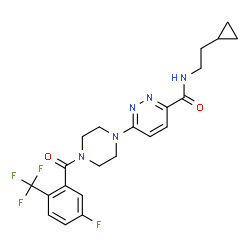 ChemSpider 2D Image | N-(2-Cyclopropylethyl)-6-{4-[5-fluoro-2-(trifluoromethyl)benzoyl]-1-piperazinyl}-3-pyridazinecarboxamide | C22H23F4N5O2