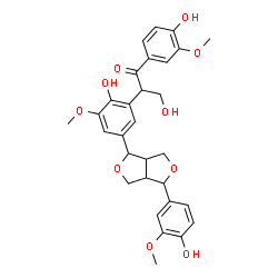 ChemSpider 2D Image | 3-Hydroxy-2-{2-hydroxy-5-[4-(4-hydroxy-3-methoxyphenyl)tetrahydro-1H,3H-furo[3,4-c]furan-1-yl]-3-methoxyphenyl}-1-(4-hydroxy-3-methoxyphenyl)-1-propanone | C30H32O10