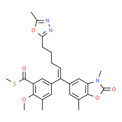 ChemSpider 2D Image | (E)-S-methyl 5-(1-(3,7-dimethyl-2-oxo-2,3-dihydrobenzo[D]oxazol-5-yl)-5-(5-methyl-1,3,4-oxadiazol-2-yl)pent-1-enyl)-2-methoxy-3-methylbenzothioate | C27H29N3O5S