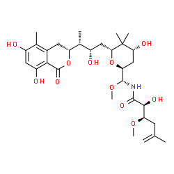 ChemSpider 2D Image | (1R,6S)-1,5-Anhydro-2,4-dideoxy-1-{(2S,3R)-3-[(3R)-6,8-dihydroxy-5-methyl-1-oxo-3,4-dihydro-1H-isochromen-3-yl]-2-hydroxybutyl}-6-C-{[(2S,3R)-2-hydroxy-3-methoxy-5-methyl-5-hexenoyl]amino}-2,2-dimethy
l-6-O-methyl-D-erythro-hexitol | C31H47NO11
