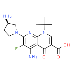 ChemSpider 2D Image | 5-Amino-7-[(3R)-3-amino-1-pyrrolidinyl]-6-fluoro-1-(2-methyl-2-propanyl)-4-oxo-1,4-dihydro-1,8-naphthyridine-3-carboxylic acid | C17H22FN5O3