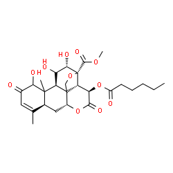 ChemSpider 2D Image | Methyl (8xi,10xi,12alpha,15beta)-15-(hexanoyloxy)-1,11,12-trihydroxy-2,16-dioxo-13,20-epoxypicras-3-en-21-oate | C27H36O11