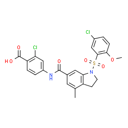 ChemSpider 2D Image | 2-Chloro-4-[({1-[(5-chloro-2-methoxyphenyl)sulfonyl]-4-methyl-2,3-dihydro-1H-indol-6-yl}carbonyl)amino]benzoic acid | C24H20Cl2N2O6S