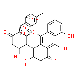 ChemSpider 2D Image | 3,4,7,8,17,18-Hexahydroxy-10,15-dimethyl-3a,3b,4,5-tetrahydro-2H-dibenzo[c,mn]naphtho[2,3-g]xanthene-1,6,13(3H)-trione | C30H24O10