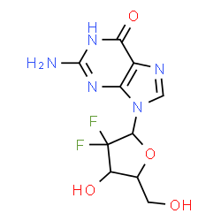 ChemSpider 2D Image | 2-Amino-9-(2-deoxy-2,2-difluoropentofuranosyl)-1,9-dihydro-6H-purin-6-one | C10H11F2N5O4