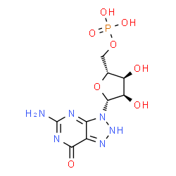 ChemSpider 2D Image | 5-Amino-3-(5-O-phosphono-beta-D-ribofuranosyl)-2,3-dihydro-7H-[1,2,3]triazolo[4,5-d]pyrimidin-7-one | C9H13N6O8P