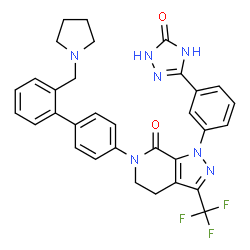 ChemSpider 2D Image | 1-(3-(5-oxo-4,5-dihydro-1H-1,2,4-triazol-3-yl)phenyl)-6-(2'-(pyrrolidin-1-ylmethyl)biphenyl-4-yl)-3-(trifluoromethyl)-5,6-dihydro-1H-pyrazolo[3,4-c]pyridin-7(4H)-one | C32H28F3N7O2