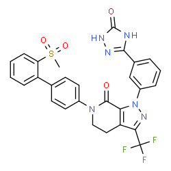 ChemSpider 2D Image | 6-(2'-(methylsulfonyl)biphenyl-4-yl)-1-(3-(5-oxo-4,5-dihydro-1H-1,2,4-triazol-3-yl)phenyl)-3-(trifluoromethyl)-5,6-dihydro-1H-pyrazolo[3,4-c]pyridin-7(4H)-one | C28H21F3N6O4S