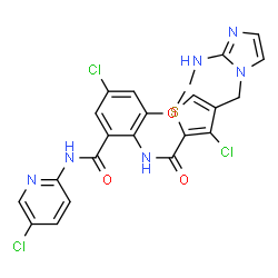 ChemSpider 2D Image | 3-Chloro-N-{4-chloro-2-[(5-chloro-2-pyridinyl)carbamoyl]-6-methoxyphenyl}-4-{[2-(methylamino)-1H-imidazol-1-yl]methyl}-2-thiophenecarboxamide | C23H19Cl3N6O3S