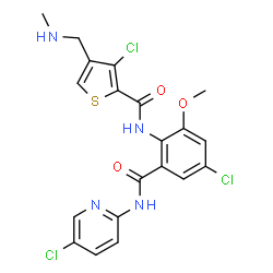 ChemSpider 2D Image | 3-Chloro-N-{4-chloro-2-[(5-chloro-2-pyridinyl)carbamoyl]-6-methoxyphenyl}-4-[(methylamino)methyl]-2-thiophenecarboxamide | C20H17Cl3N4O3S