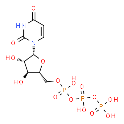 ChemSpider 2D Image | 1-[5-O-(Hydroxy{[hydroxy(phosphonooxy)phosphoryl]oxy}phosphoryl)-beta-D-arabinofuranosyl]-2,4(1H,3H)-pyrimidinedione | C9H15N2O15P3