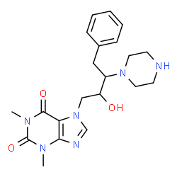 ChemSpider 2D Image | 7-[2-Hydroxy-4-phenyl-3-(1-piperazinyl)butyl]-1,3-dimethyl-3,7-dihydro-1H-purine-2,6-dione | C21H28N6O3