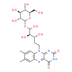 ChemSpider 2D Image | 7,8-Dimethyl-10-[(3R,4R)-3,4,5-trihydroxy-5-{[(3R,4S,5S,6R)-3,4,5-trihydroxy-6-(hydroxymethyl)tetrahydro-2H-pyran-2-yl]oxy}pentyl]benzo[g]pteridine-2,4(3H,10H)-dione | C23H30N4O11