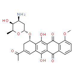 ChemSpider 2D Image | (1S)-3-Acetyl-5,12-dihydroxy-10-methoxy-6,11-dioxo-1,2,6,11-tetrahydro-1-tetracenyl 3-amino-2,3,6-trideoxy-alpha-L-lyxo-hexopyranoside | C27H27NO9