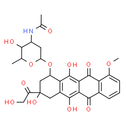 ChemSpider 2D Image | 3-Glycoloyl-3,5,12-trihydroxy-10-methoxy-6,11-dioxo-1,2,3,4,6,11-hexahydro-1-tetracenyl 3-acetamido-2,3,6-trideoxyhexopyranoside | C29H31NO12