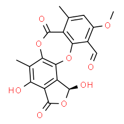 ChemSpider 2D Image | (1S)-1,4-Dihydroxy-10-methoxy-5,8-dimethyl-3,7-dioxo-1,3-dihydro-7H-2,6,12-trioxabenzo[5,6]cyclohepta[1,2-e]indene-11-carbaldehyde | C19H14O9