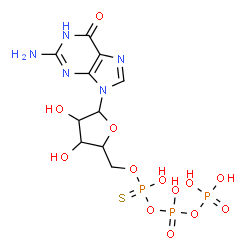 ChemSpider 2D Image | 2-Amino-9-{5-O-[{[hydroxy(phosphonooxy)phosphoryl]oxy}(sulfanyl)phosphoryl]pentofuranosyl}-1,9-dihydro-6H-purin-6-one | C10H16N5O13P3S