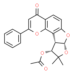 ChemSpider 2D Image | (7aR,10R,10aS)-9,9-Dimethyl-4-oxo-2-phenyl-7a,9,10,10a-tetrahydro-4H-furo[3',2':4,5]furo[2,3-h]chromen-10-yl acetate | C23H20O6