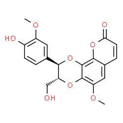 ChemSpider 2D Image | (2R,3R)-2-(4-Hydroxy-3-methoxyphenyl)-3-(hydroxymethyl)-5-methoxy-2,3-dihydro-9H-[1,4]dioxino[2,3-h]chromen-9-one | C20H18O8